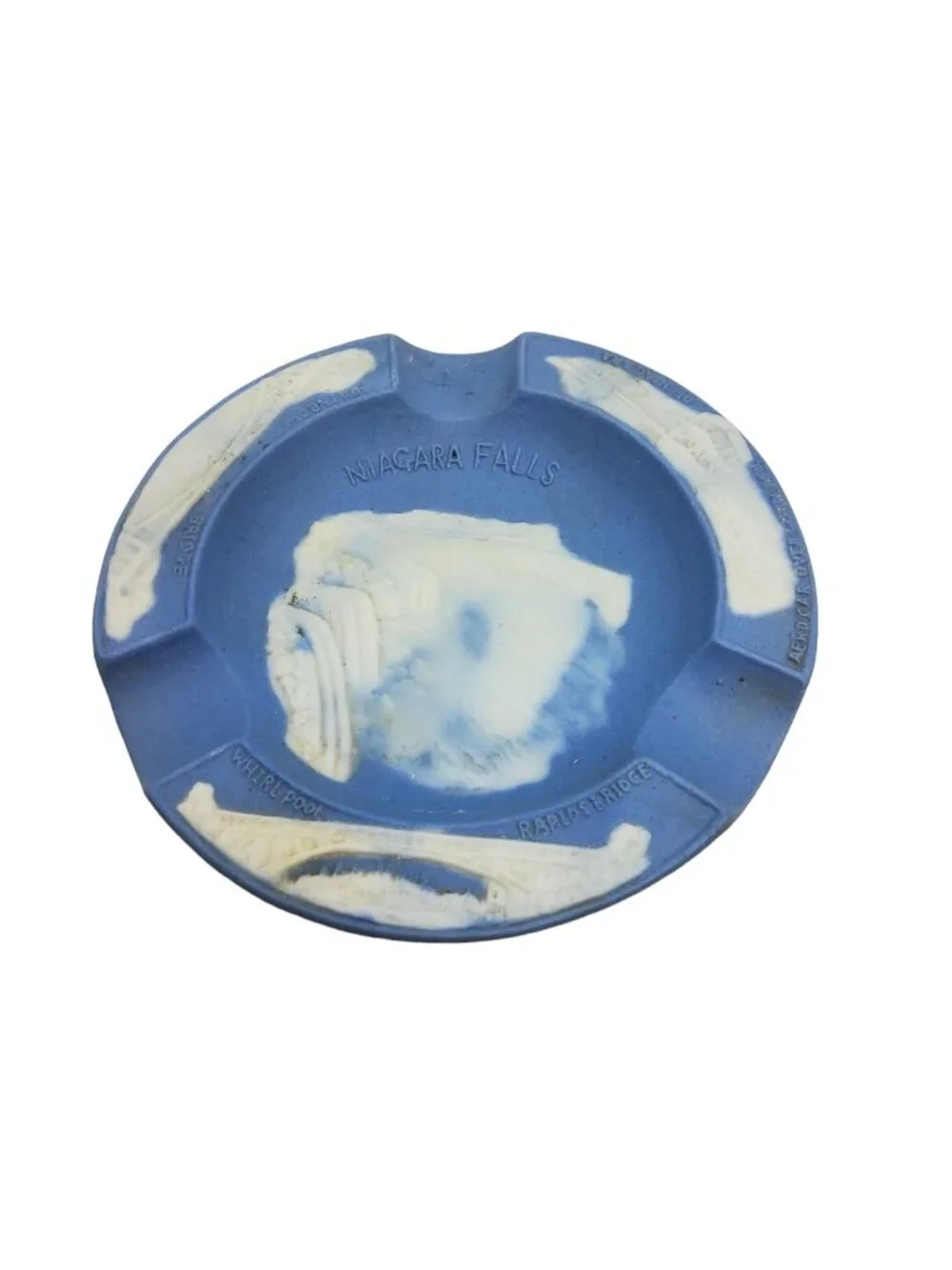 vintage 1940s sandstone blue/white niagara falls ashtray